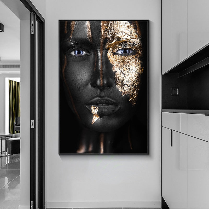 Living Room Wall Art- Black & Gold Woman. Painting Photo Canvas Print. WickedYo